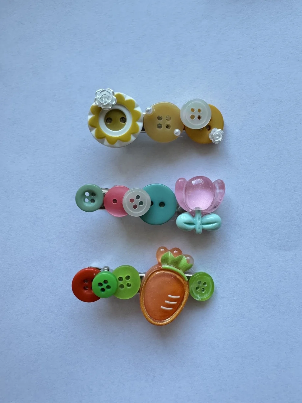 Cute Kids Button Hair Clips Set - Yellow, Pink, Green